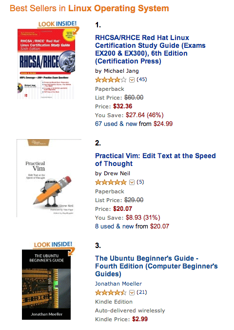 Linux best sellers on Amazon, with Practical Vim at number 2