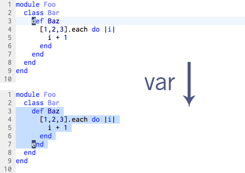 The 'var' text-object selects all of the current ruby block